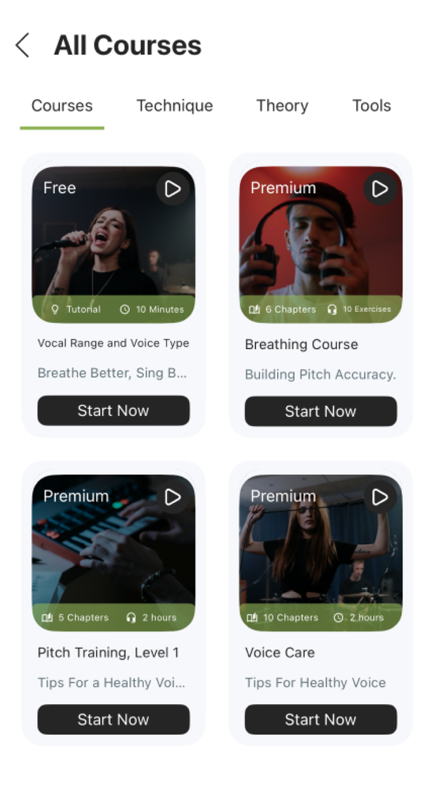 Singing Lessons All Courses screen showing the Vocal Range and Voice Type, Breathing, Pitch Training, and Voice Care courses